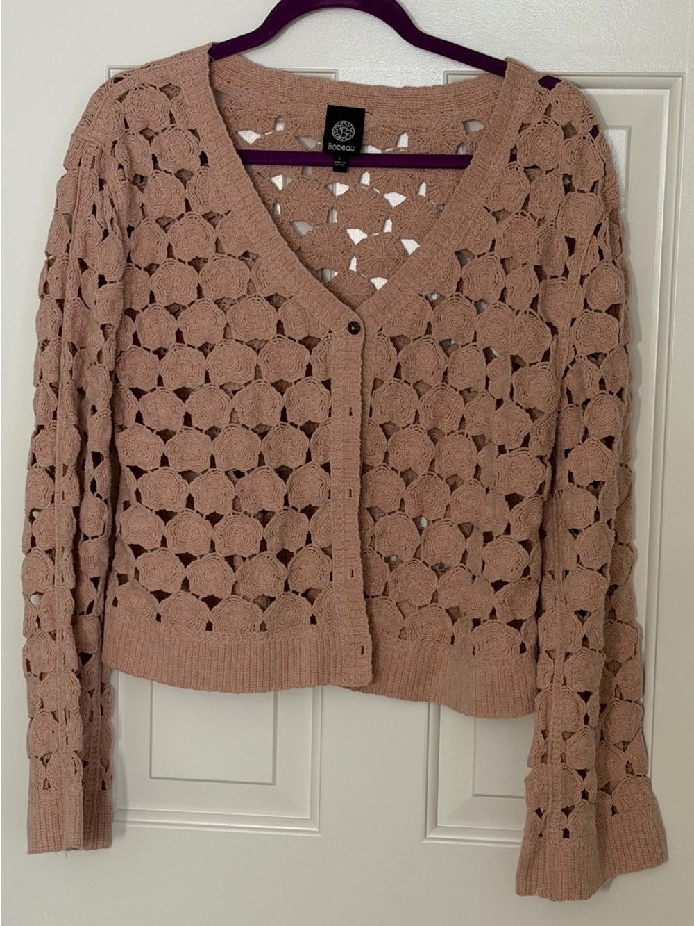 Bobeau Pink Floral Cut Out Coquette Cotton Blend Cardigan Flare Sleeves Size L